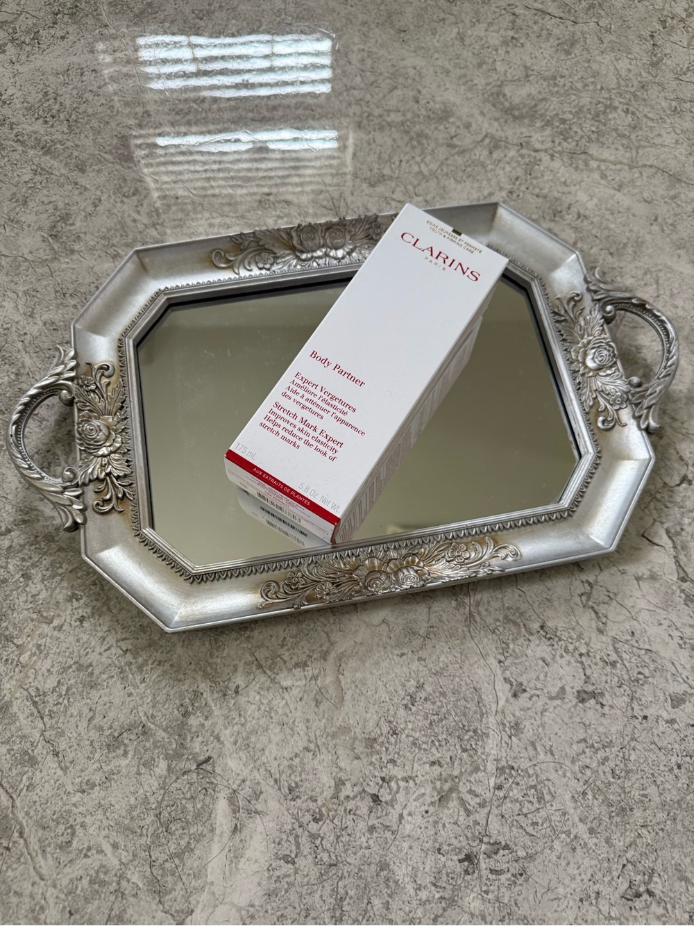 NWT Clarins Tray Display with Silver Ornate Vanity Mirror
